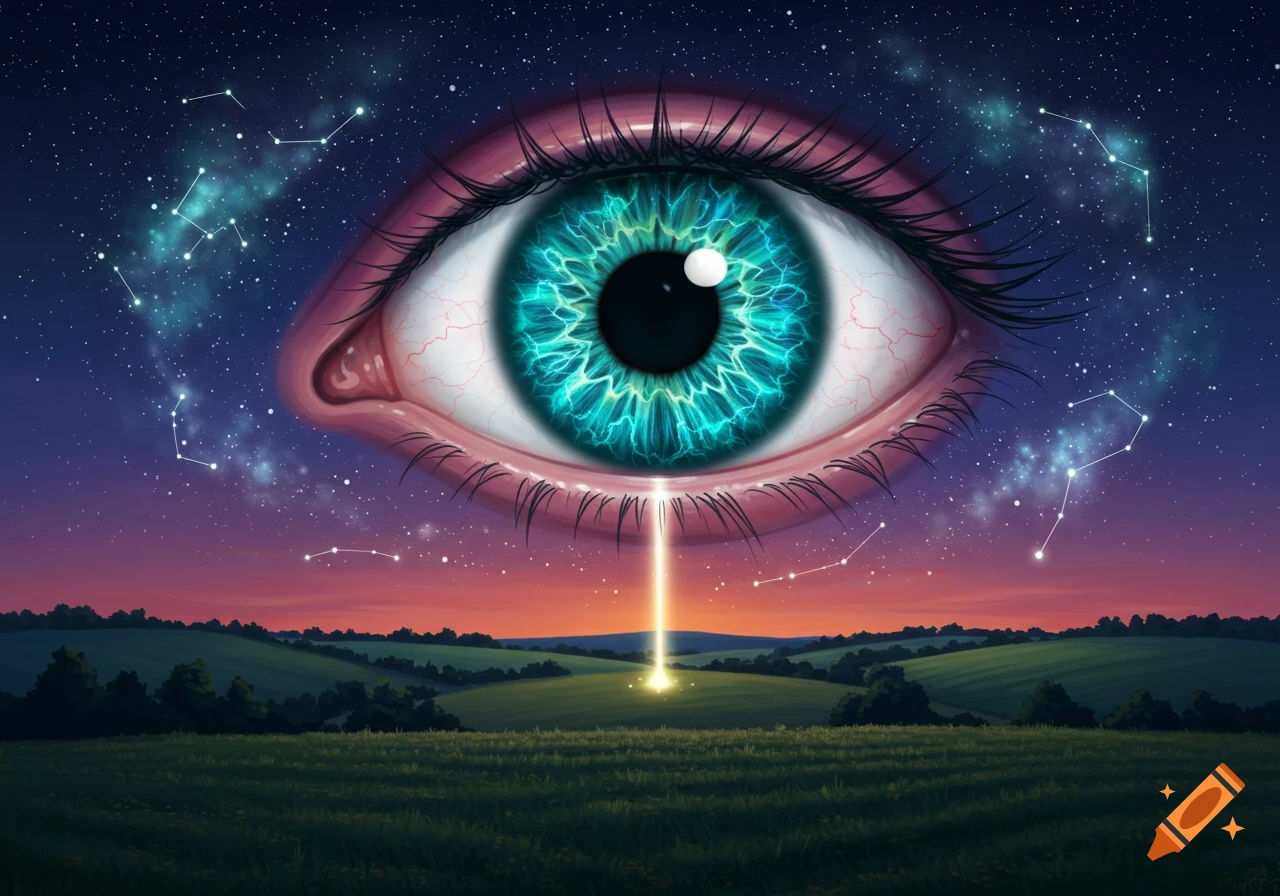 A giant stylized blue eye floats in a starry night sky with constellations over a green landscape, emitting a beam of light onto a field.