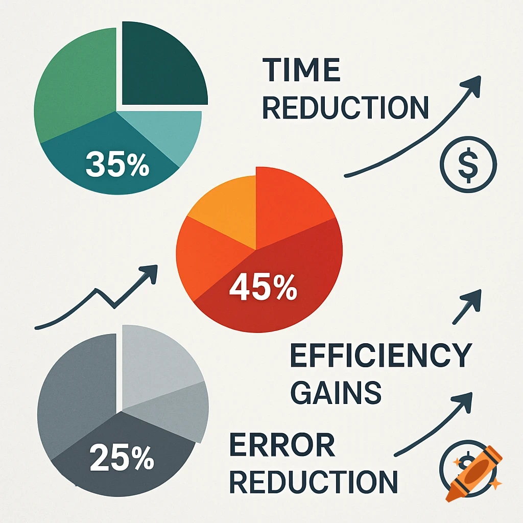 Infographic with three pie charts showing 35% time reduction, 45% efficiency gains, 25% error reduction, with upward arrows and dollar signs.