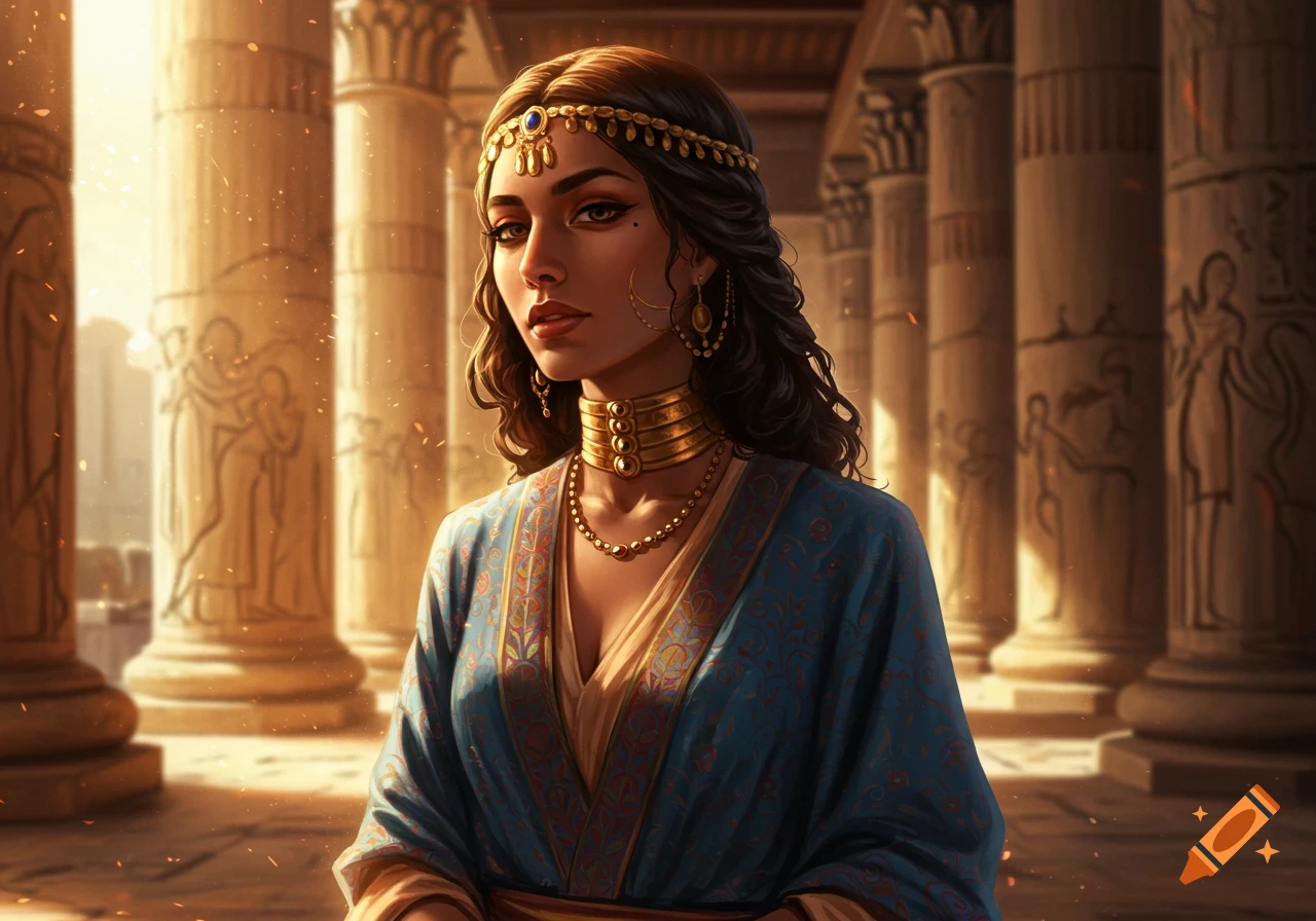 A dark-haired woman in ornate gold jewelry and a blue ancient-style robe stands in a sunlit columnar hall with carvings.