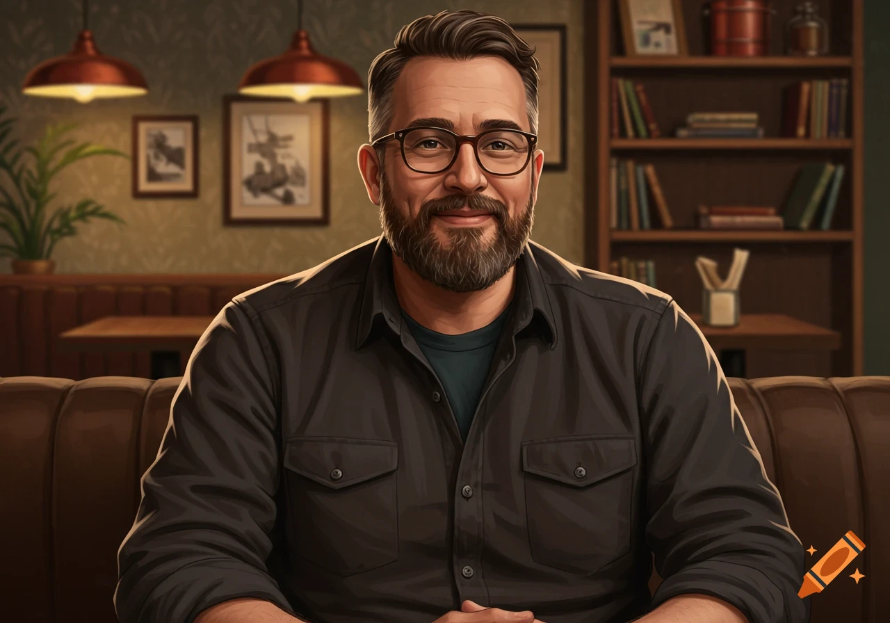A smiling man with a beard and glasses sits on a brown leather couch in a cozy, warm-lit room with bookshelves and framed art in the background.