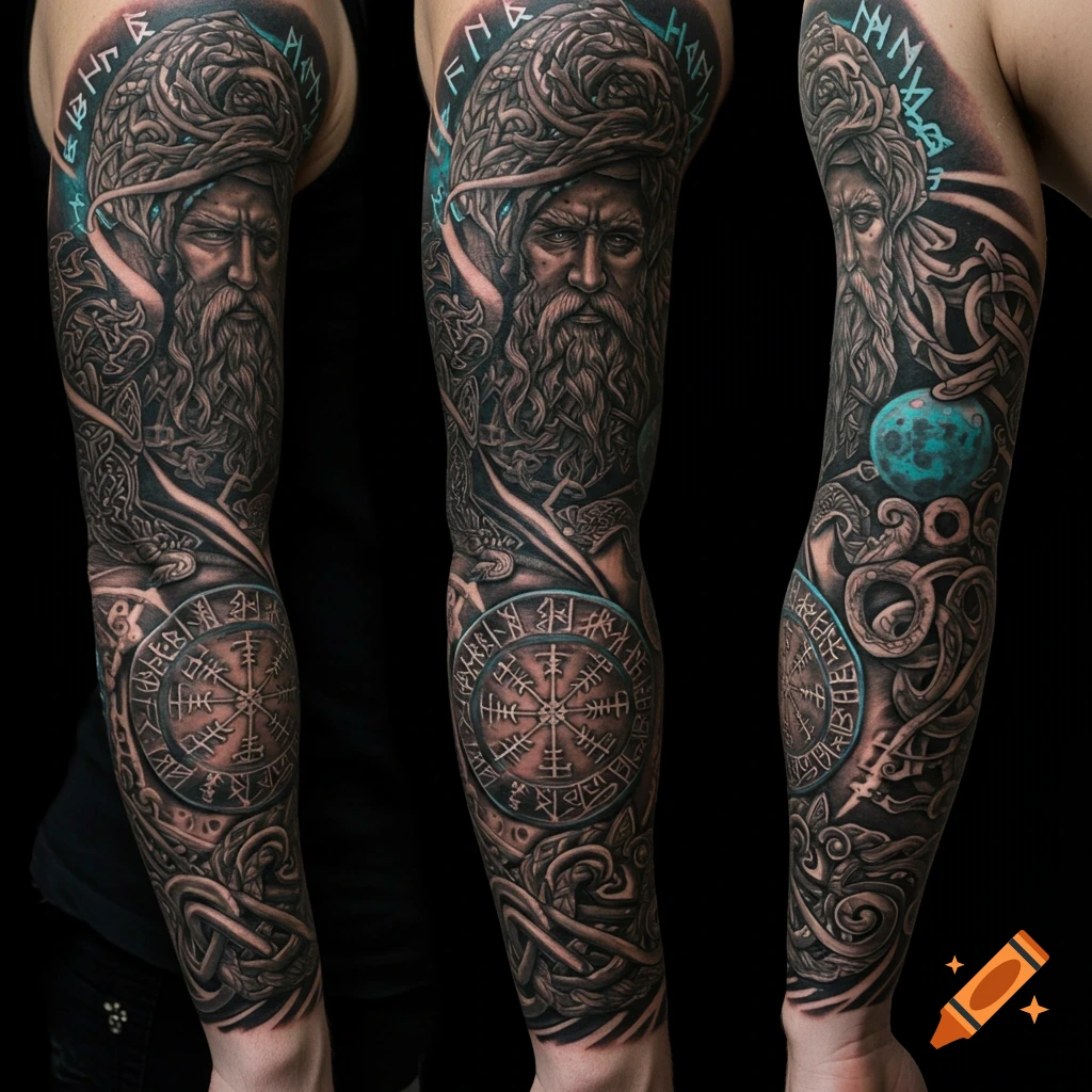 Detailed black and grey Norse mythology sleeve tattoo featuring a bearded man's face, intricate knots, runes, and a Vegvisir compass.