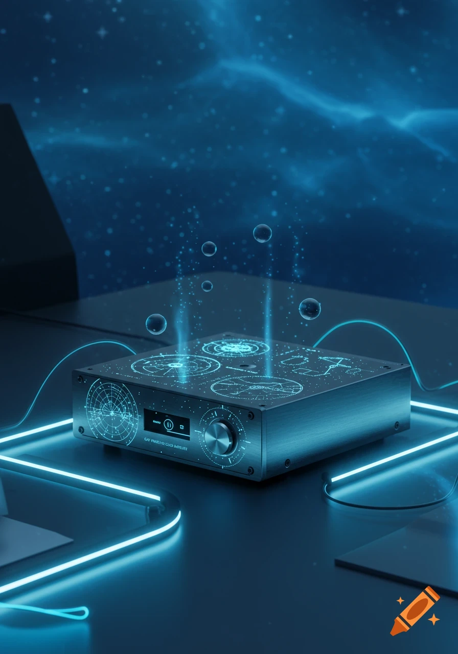 A futuristic glowing rectangular amplifier with intricate blue holographic displays on a dark table under a starry, nebulous sky.