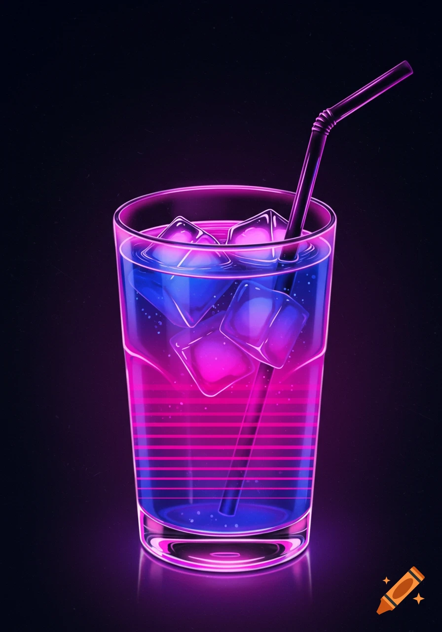 A synthwave style cobalt-purple drink in a glass with neon fuschia ice cubes and horizontal bars, on a dark background.
