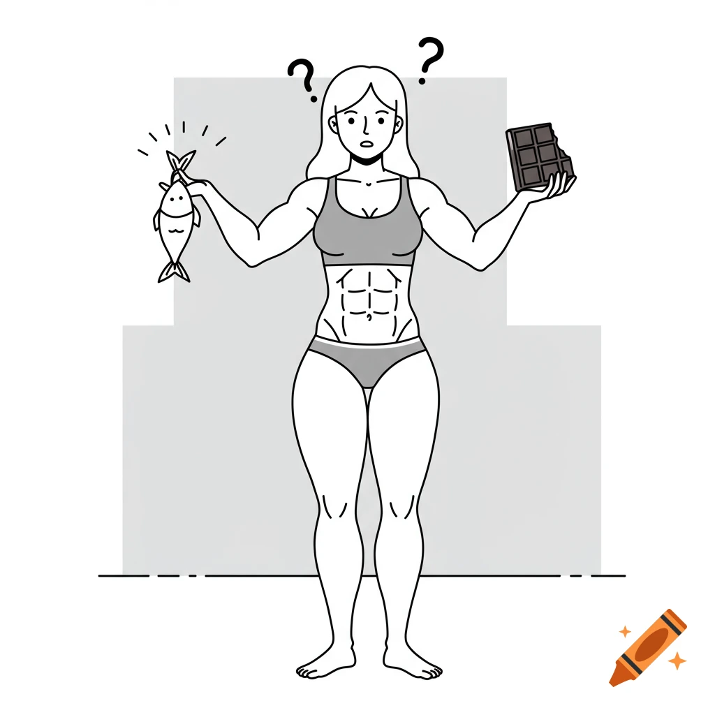 Line art cartoon of a fit woman in a sports bra and underwear, holding a fish and a chocolate bar, contemplating healthy vs. unhealthy food choices.