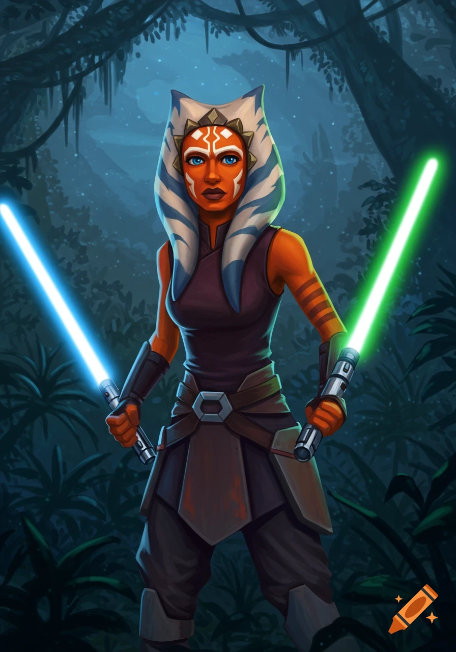 Ahsoka Tano from Star Wars stands in a dark jungle, holding a blue and a green lightsaber in an illustrative style.