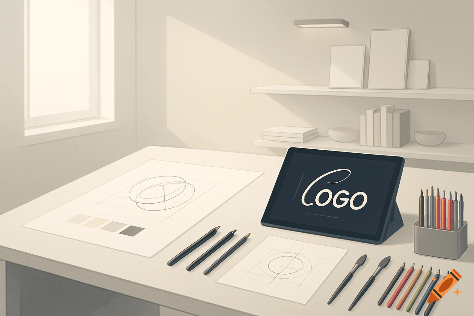 A clean graphic design workspace featuring a tablet displaying "Logo", sketches, pens, and colored pencils on a desk by a window.