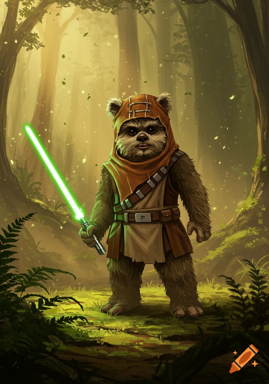 A cute Ewok in a brown hood holds a glowing green lightsaber in a lush, sun-dappled forest, digital painting.