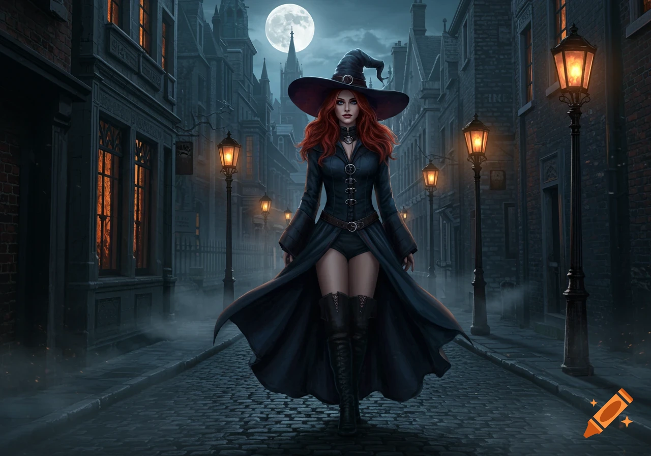 A red-haired witch in a black hat and long coat walks through a dark, gothic cobblestone street under a full moon.