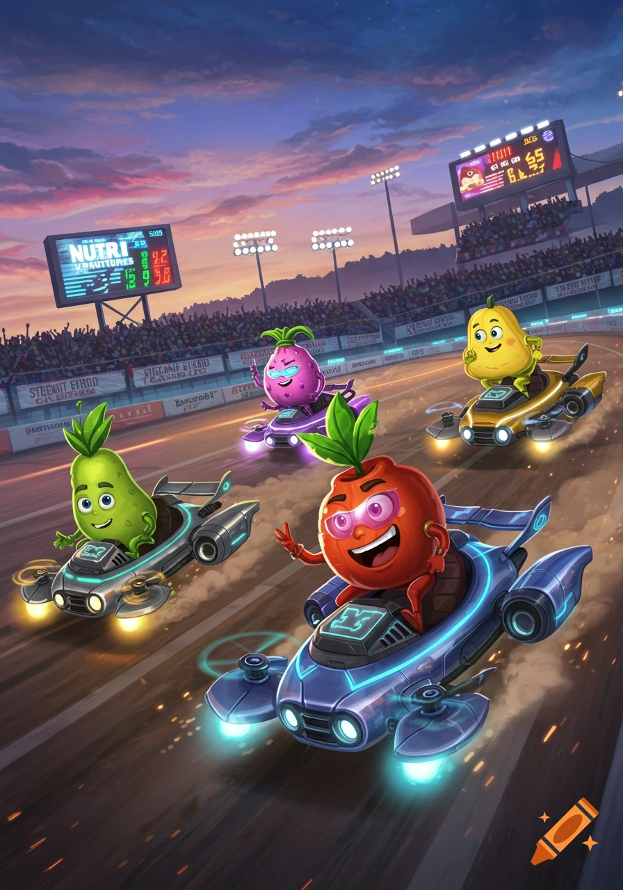 Cartoon Nutri Ventures characters race futuristic hovercrafts on a stadium track at sunset.