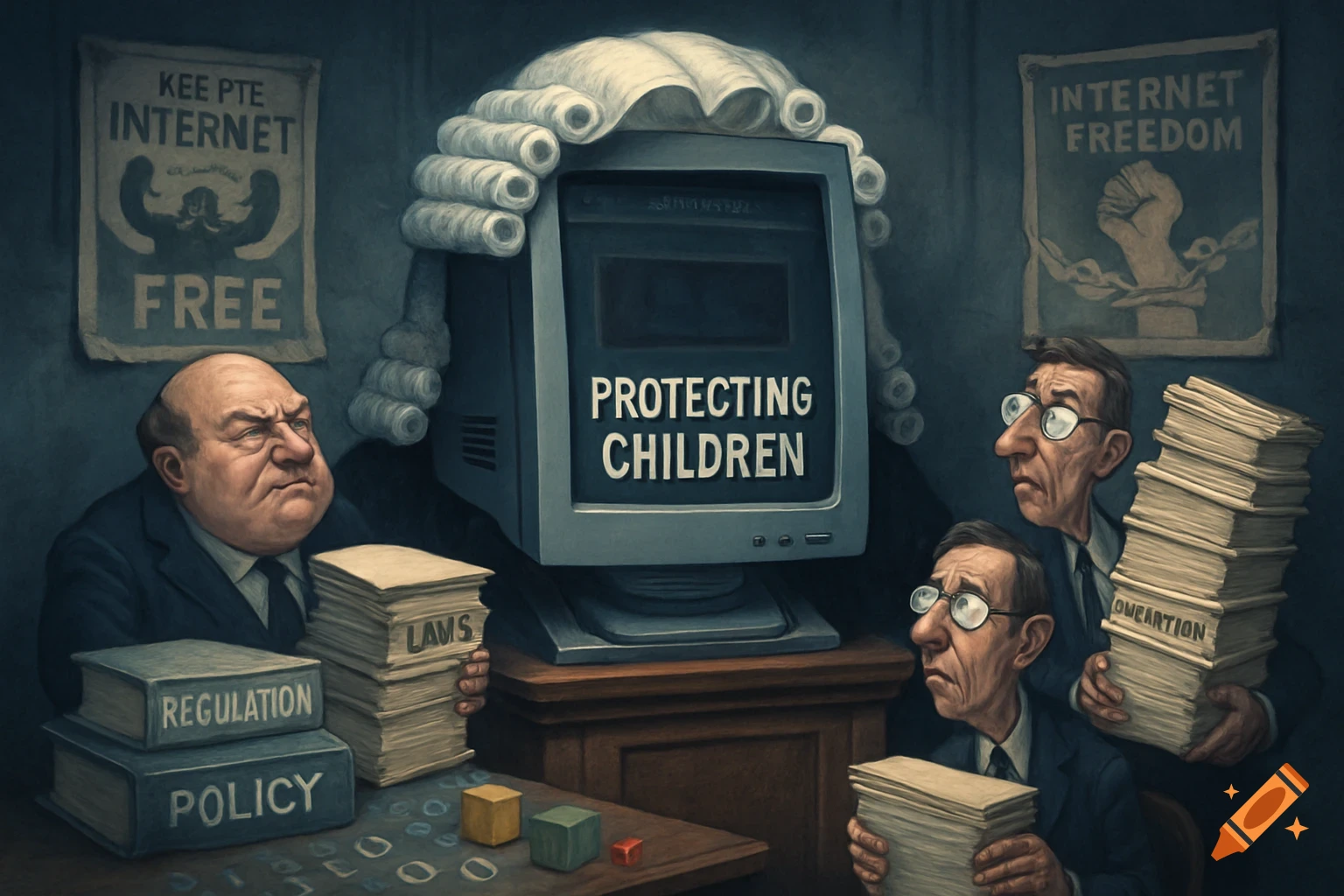 A political cartoon showing a judge's wig on a computer monitor displaying "PROTECTING CHILDREN." Two men with stacks of papers, labeled "LAWS," "REGULATION," and "POLICY," look on. Posters in the background read "INTERNET FREE" and "INTERNET FREEDOM."