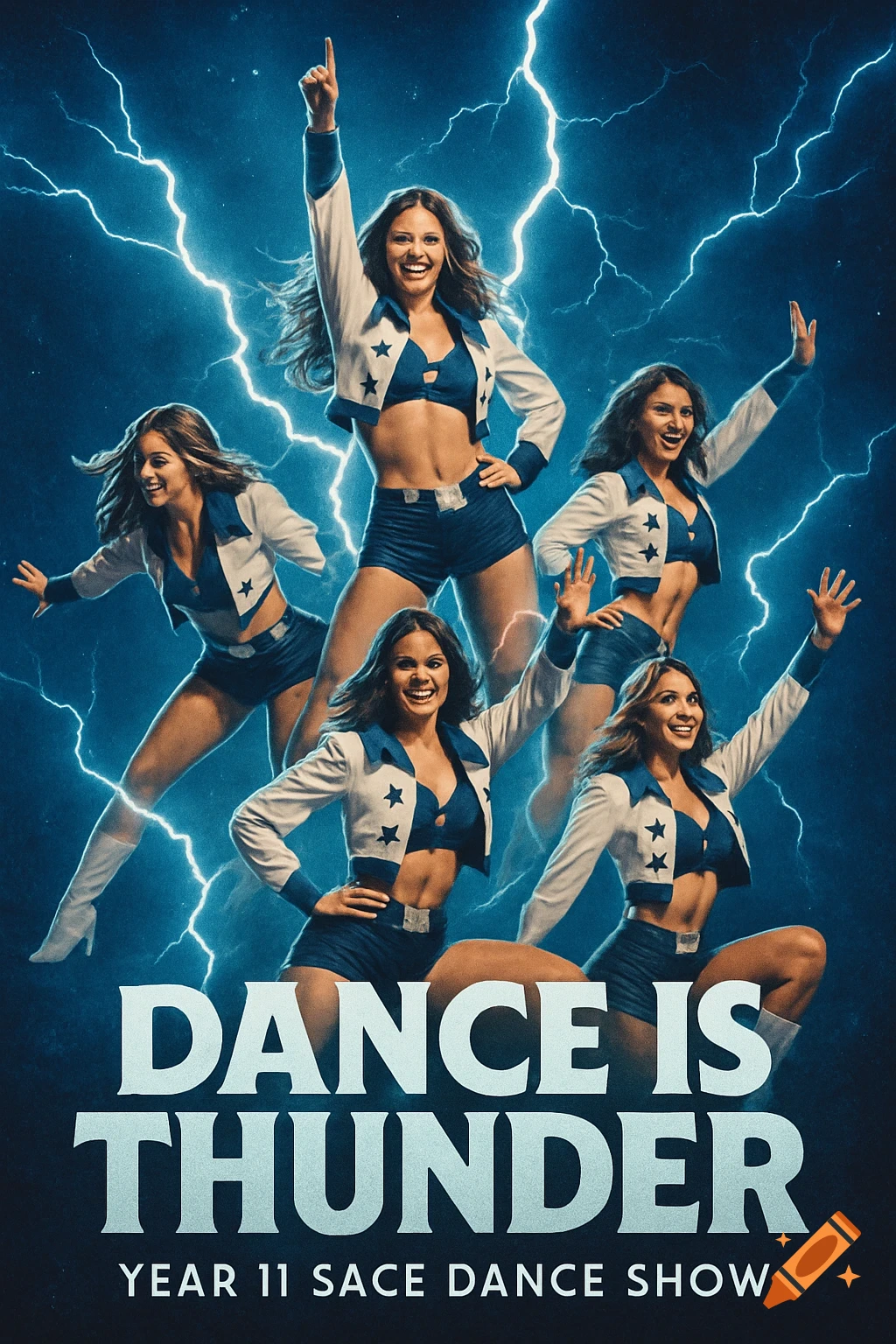 A poster for 'Dance is Thunder' featuring five cheerleaders in blue and white outfits against a dark blue background with electric lightning bolts. The title and event name are prominently displayed.