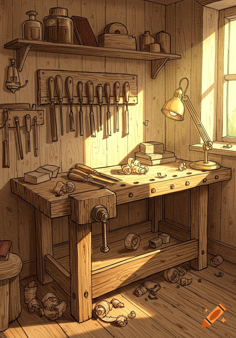 Illustrated woodworking workshop with a workbench, various tools, wood shavings, and a sunlit window.