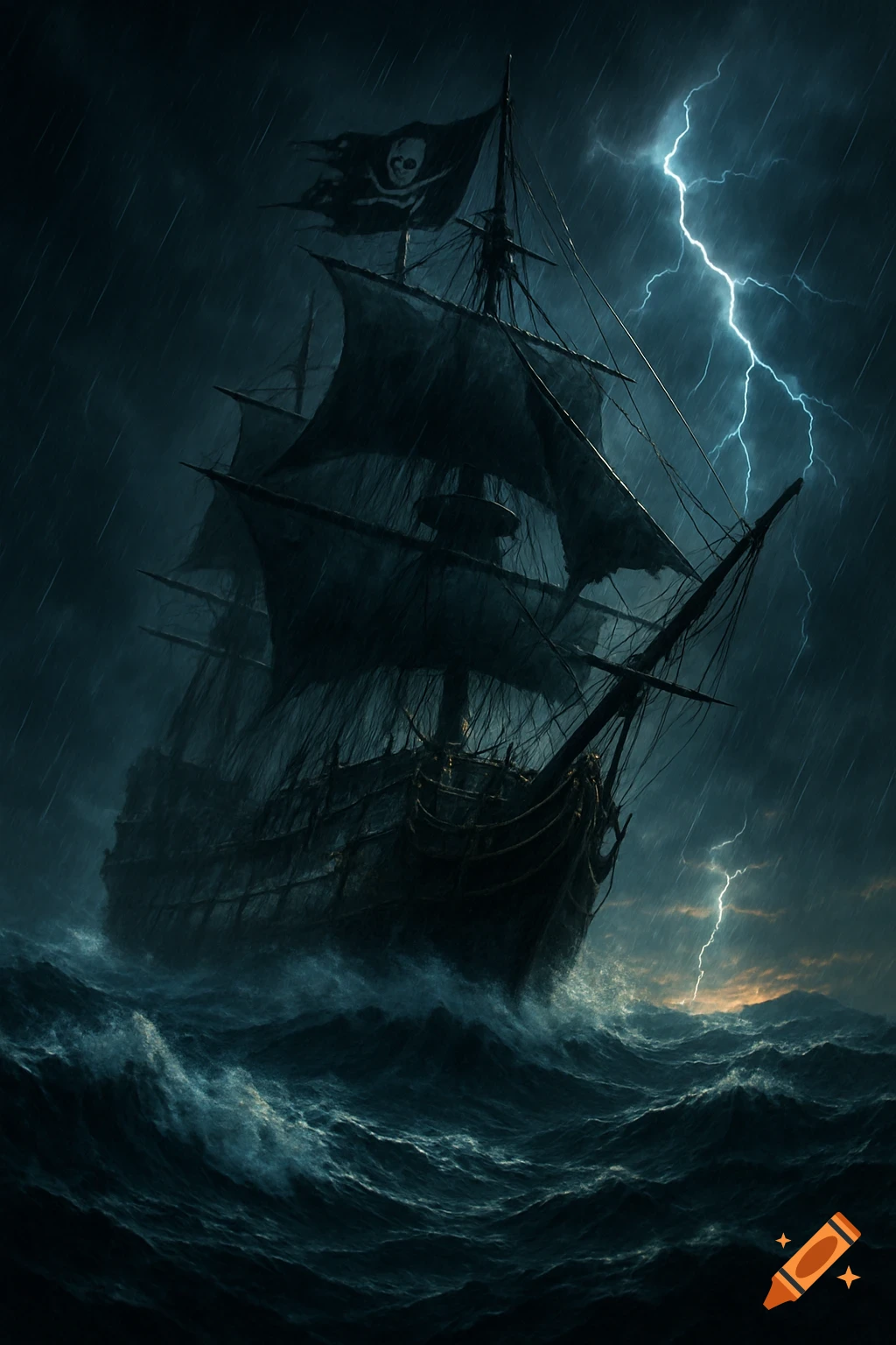 A dark pirate ship with tattered sails braves a stormy sea under lightning strikes.