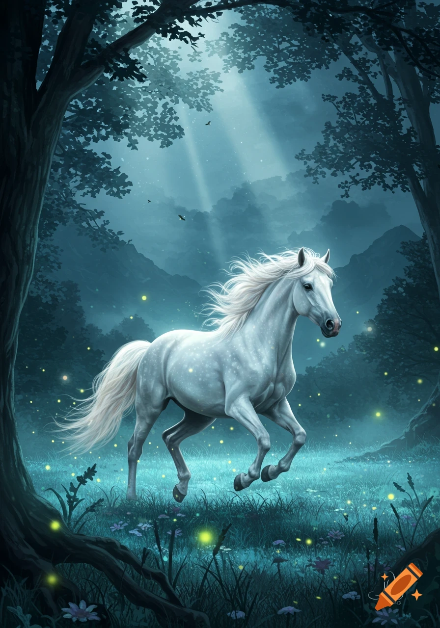 A majestic white horse with a flowing mane gallops through a mystical, dimly lit forest with glowing elements.