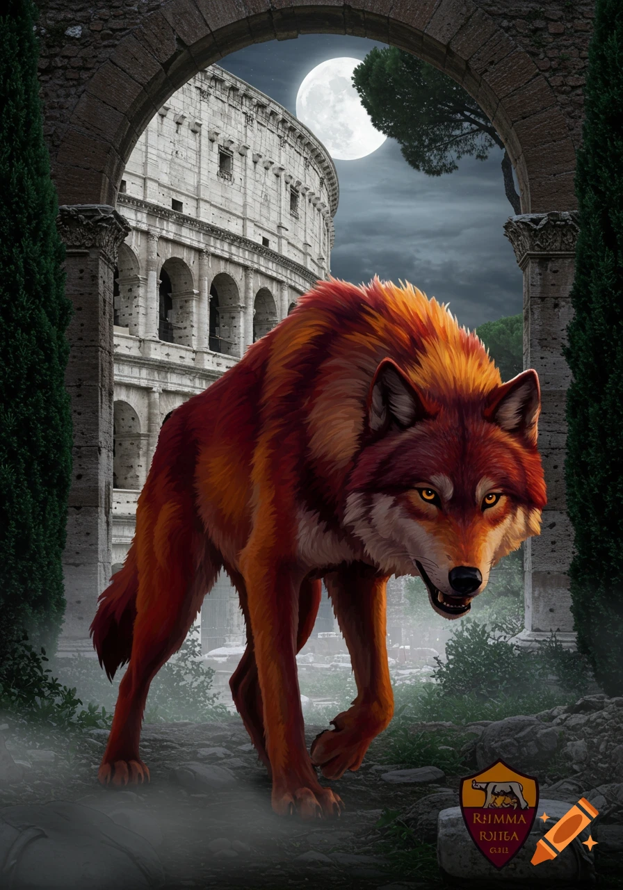 A stylized red and orange wolf with glowing eyes stands before the illuminated Colosseum under a full moon at night.