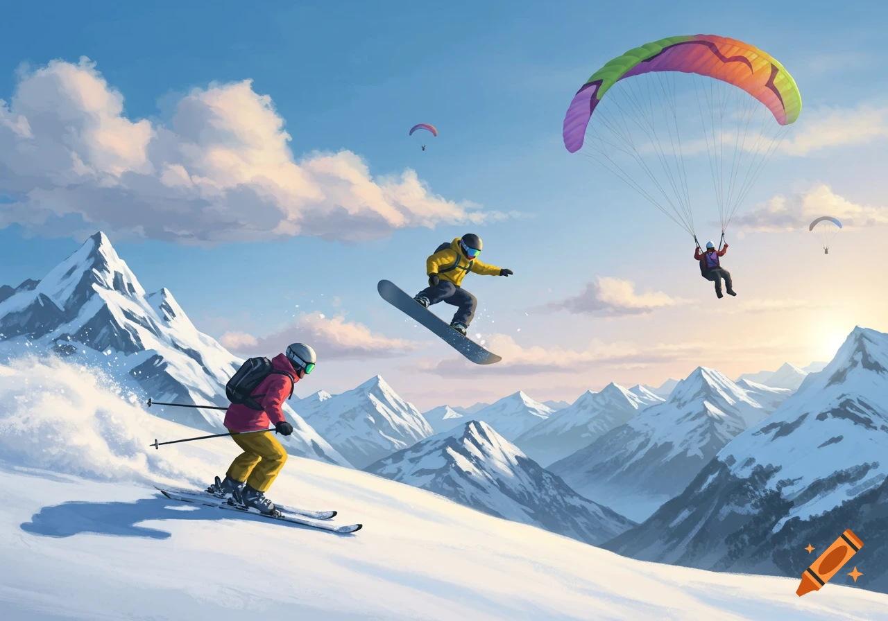 A skier, a snowboarder jumping, and a paraglider soaring over a snowy mountain range under a blue sky, in a stylized illustration.
