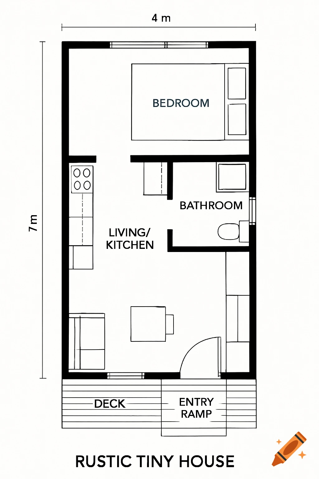 A simple top-down 2D blueprint floor plan of a 4m x 7m tiny house, showing a bedroom, bathroom, living/kitchen, deck, and entry ramp.