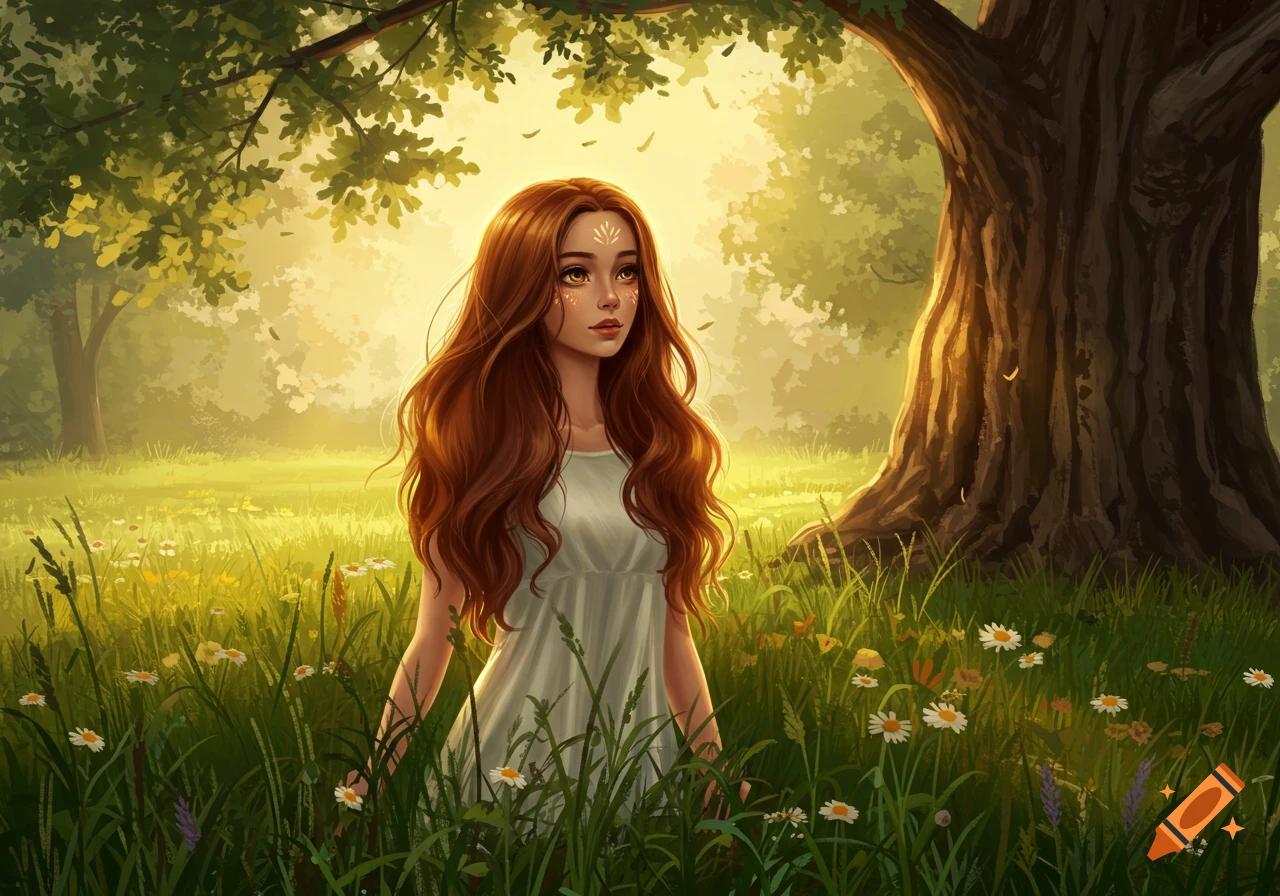 A beautiful girl with long reddish-brown hair stands in a sun-drenched grassy field with wildflowers, under a large tree, digital painting.
