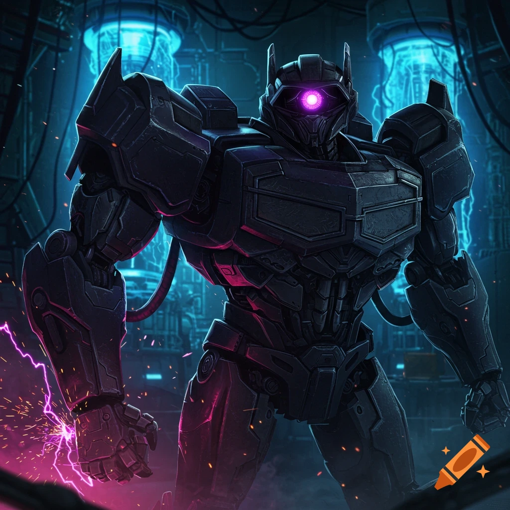 A detailed dark gray robot with a single glowing purple eye stands amidst blue neon lights and electrical sparks in a futuristic industrial setting.