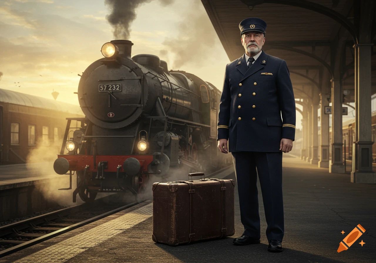 A man in a train driver's uniform stands on a platform next to an old-fashioned steam train and a suitcase at sunset.