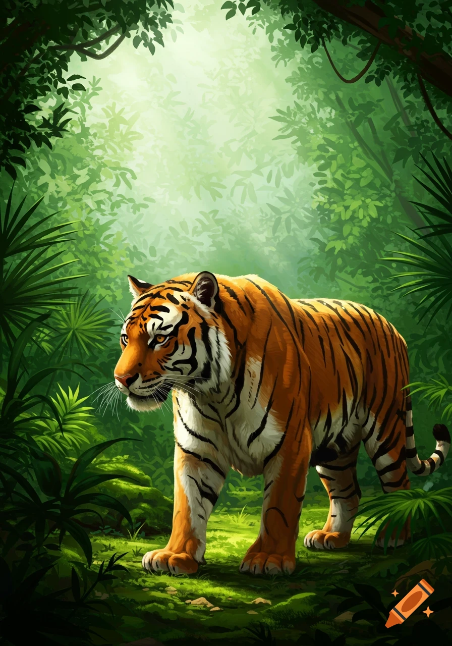 A vibrant illustration of an orange tiger with black stripes walking through a lush, sunlit green jungle.