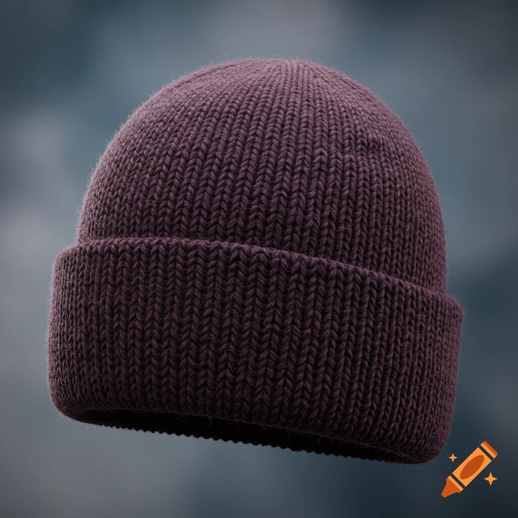 Dark purple knitted beanie with a folded brim, set against a blurred blue-grey background.