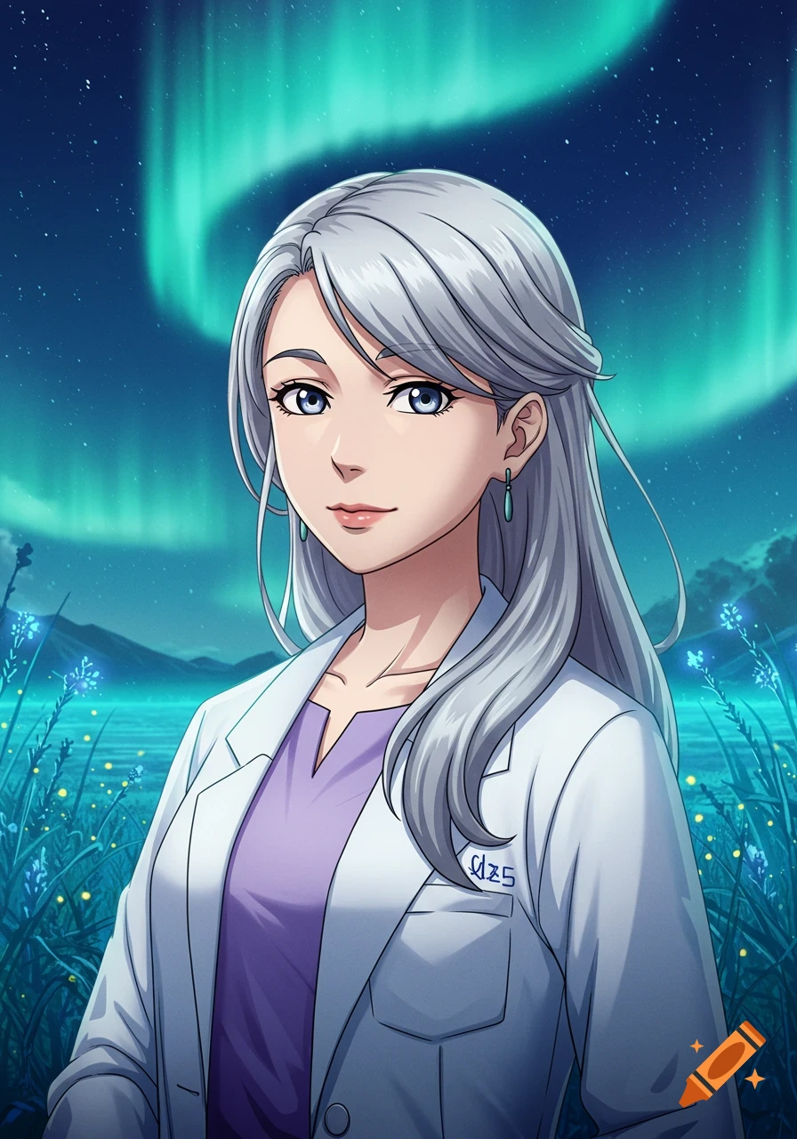An anime woman with silver hair and a lab coat stands against a backdrop of the aurora borealis and glowing plants.