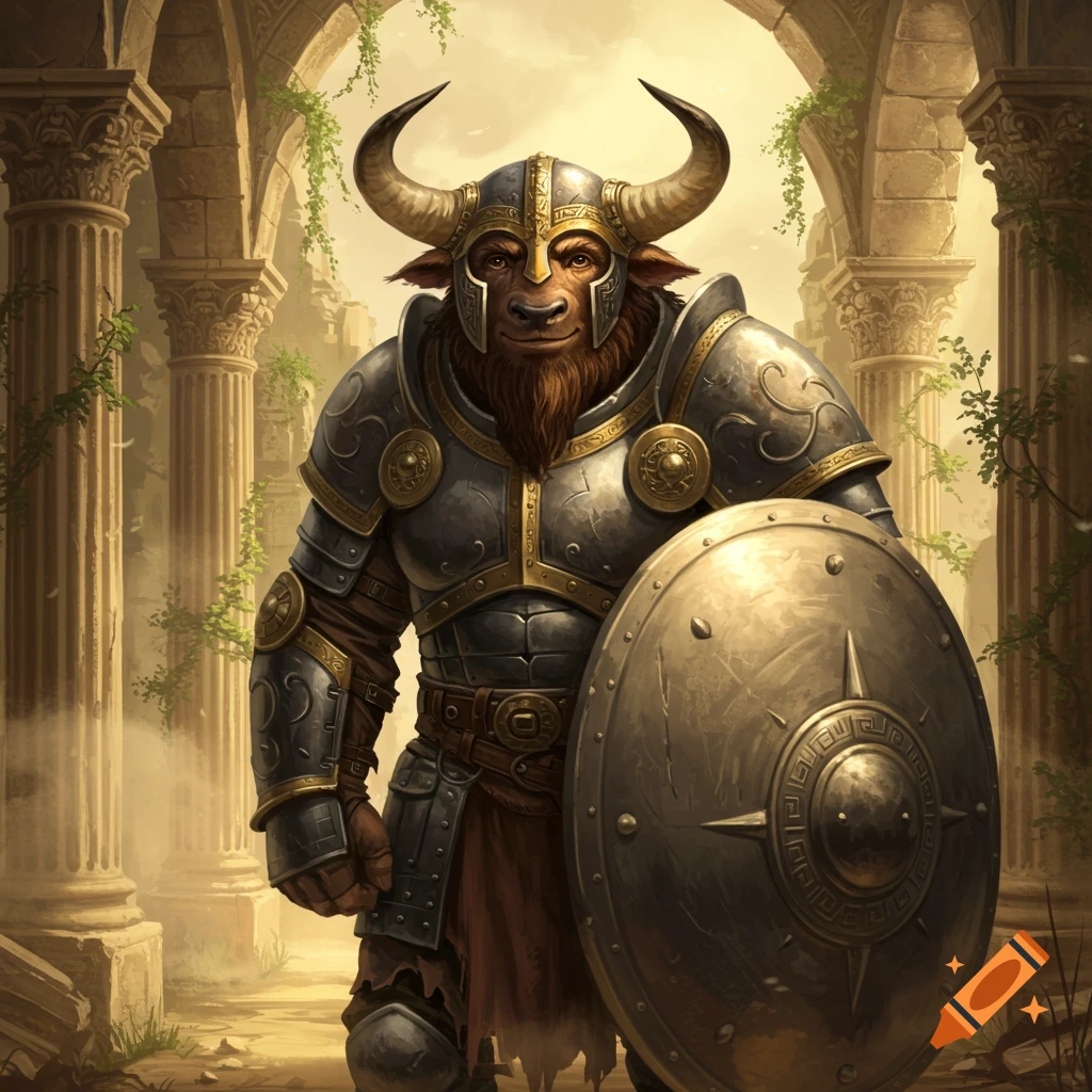A friendly, heavily armored minotaur with brown fur stands holding a shield amidst ancient ruins.