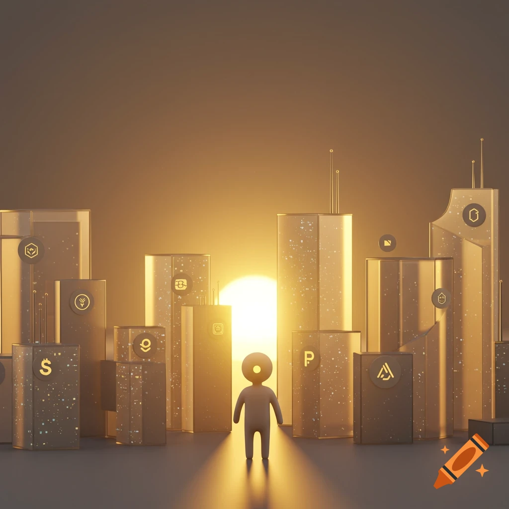 Minimalist 3D cityscape with glowing buildings, crypto symbols, and a figure facing a bright sunrise.