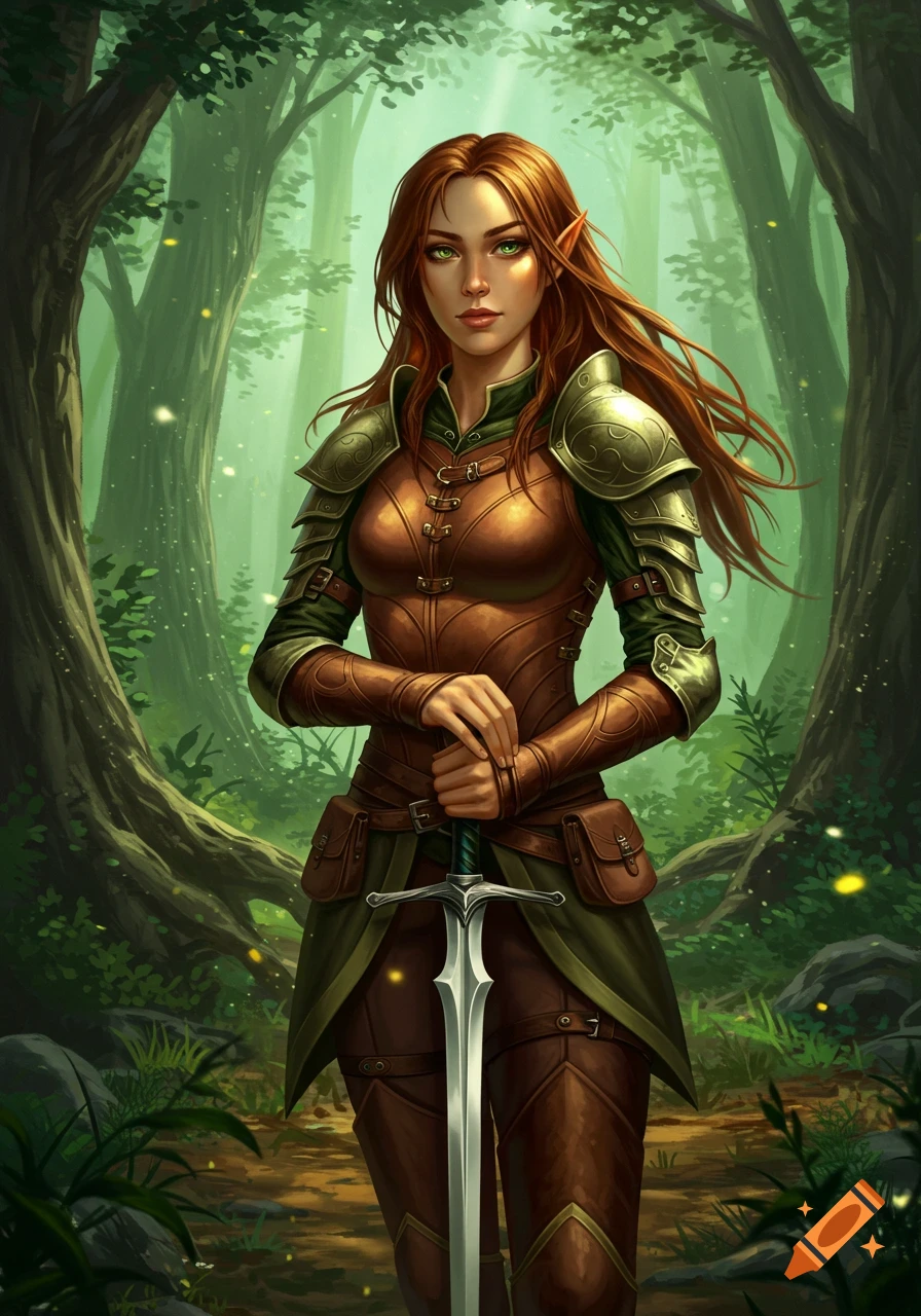 Red-haired elf warrior in ornate leather and metal armor, holding a sword in a magical forest. Character art.
