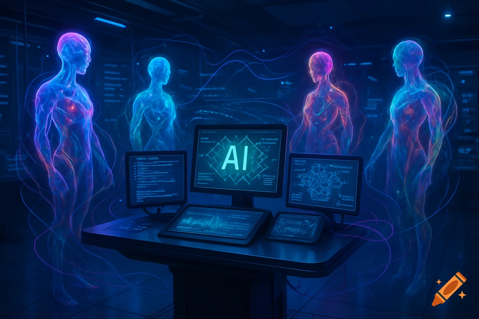 Four glowing humanoid holograms surround a control desk with screens displaying 'AI' and data in a dark, futuristic server room.