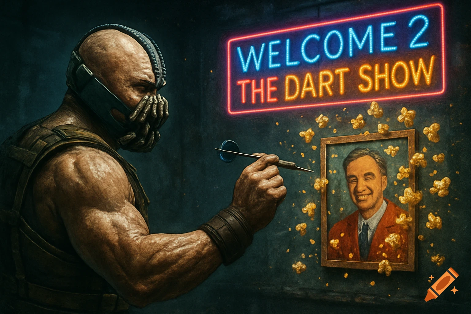 Bane aims a dart at a laughing Mr. Rogers portrait, surrounded by popcorn, under a neon 'Welcome 2 The Dart Show' sign.