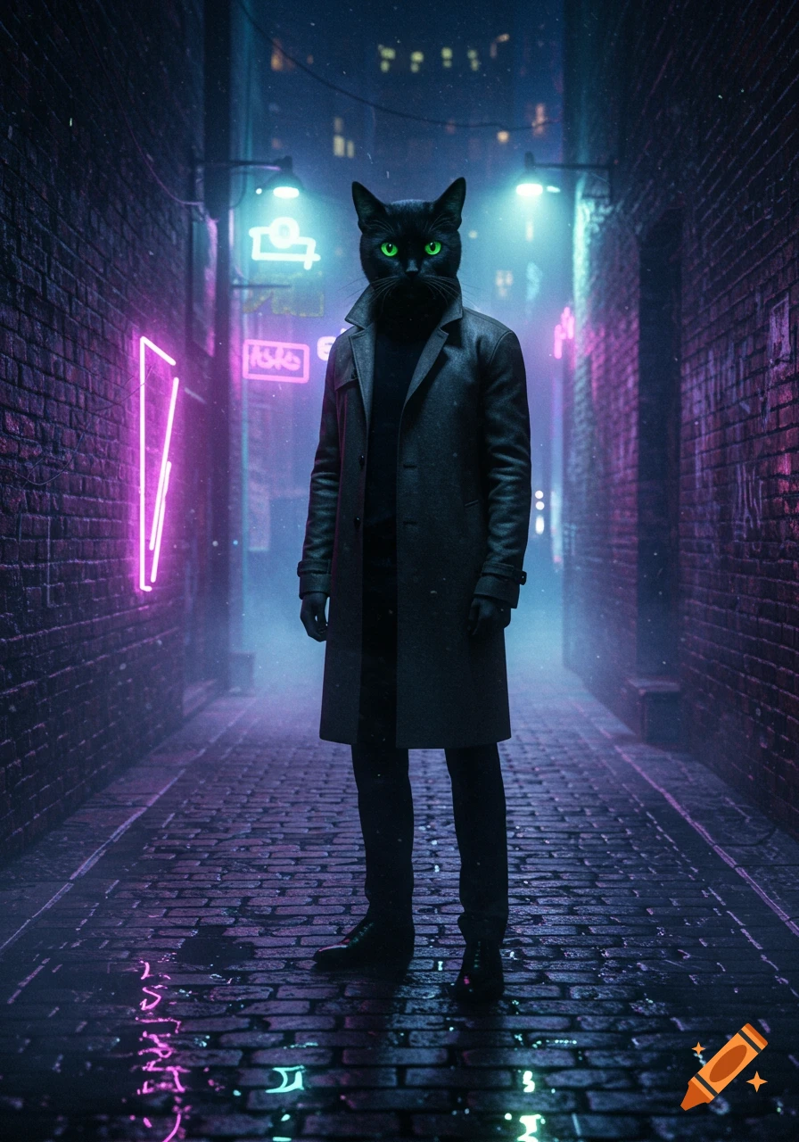 A black cat with glowing green eyes on a human body in a trench coat stands in a dark, neon-lit cyberpunk alley.