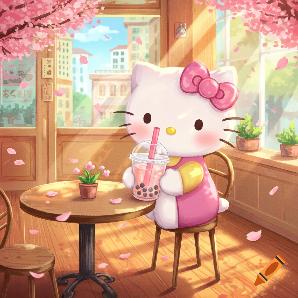 Hello Kitty in a sunny cafe, drinking pink boba tea with falling cherry blossoms, cartoon style.