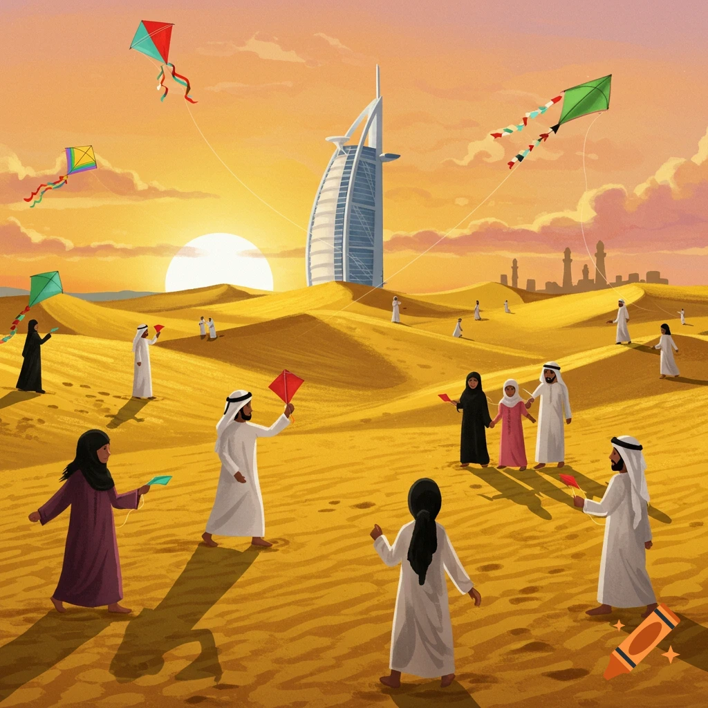 Illustration of people flying colorful kites in a golden desert at sunset, with a distant city skyline featuring a skyscraper.