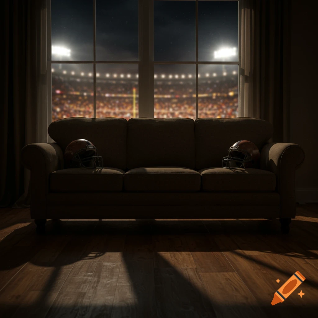 A dimly lit living room with football helmets on a couch, overlooking a blurred, roaring football stadium at night. Photorealistic.