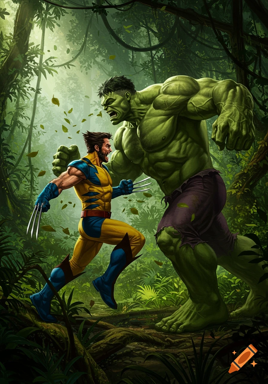 Wolverine with claws out confronts a raging Hulk in a vibrant jungle in a comic art style.