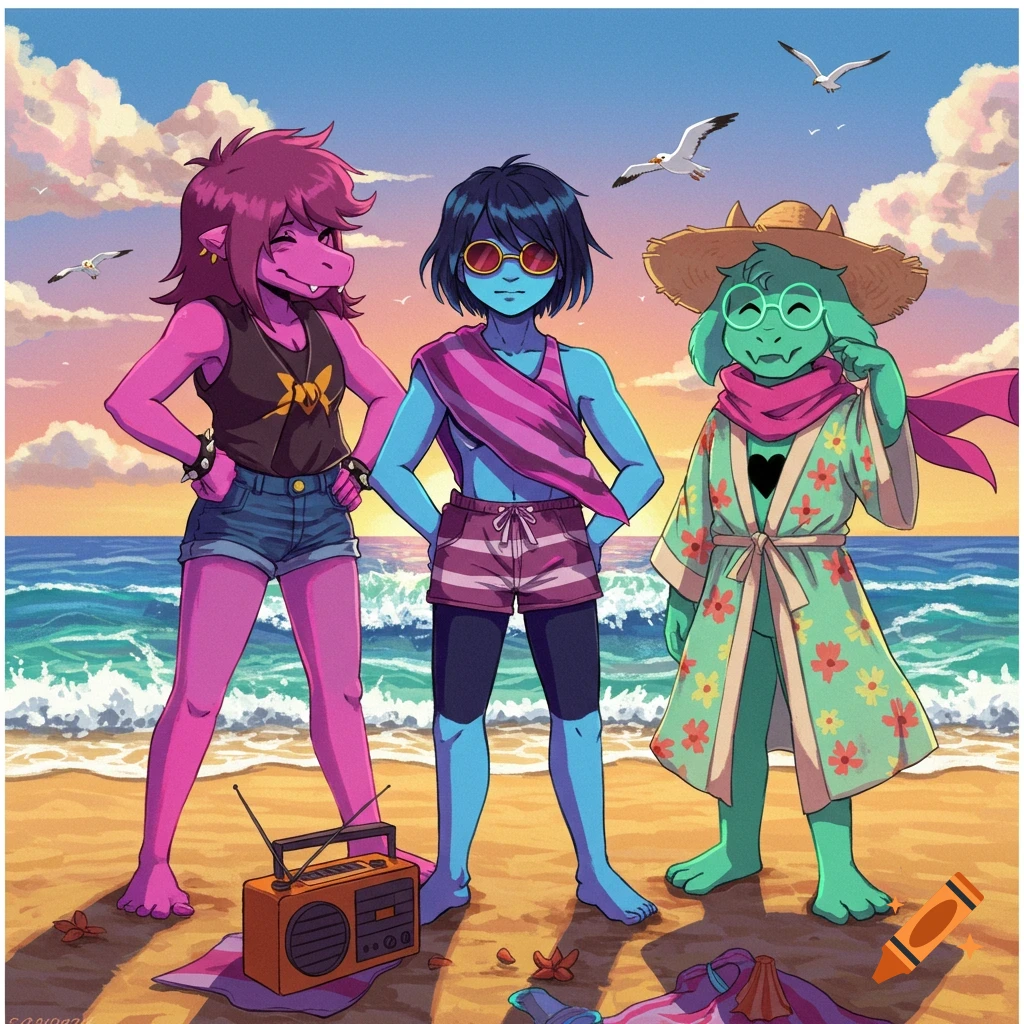 Susie, Kris, and Ralsei from Deltarune stand on a sunny beach with a radio, ocean waves, and seagulls.