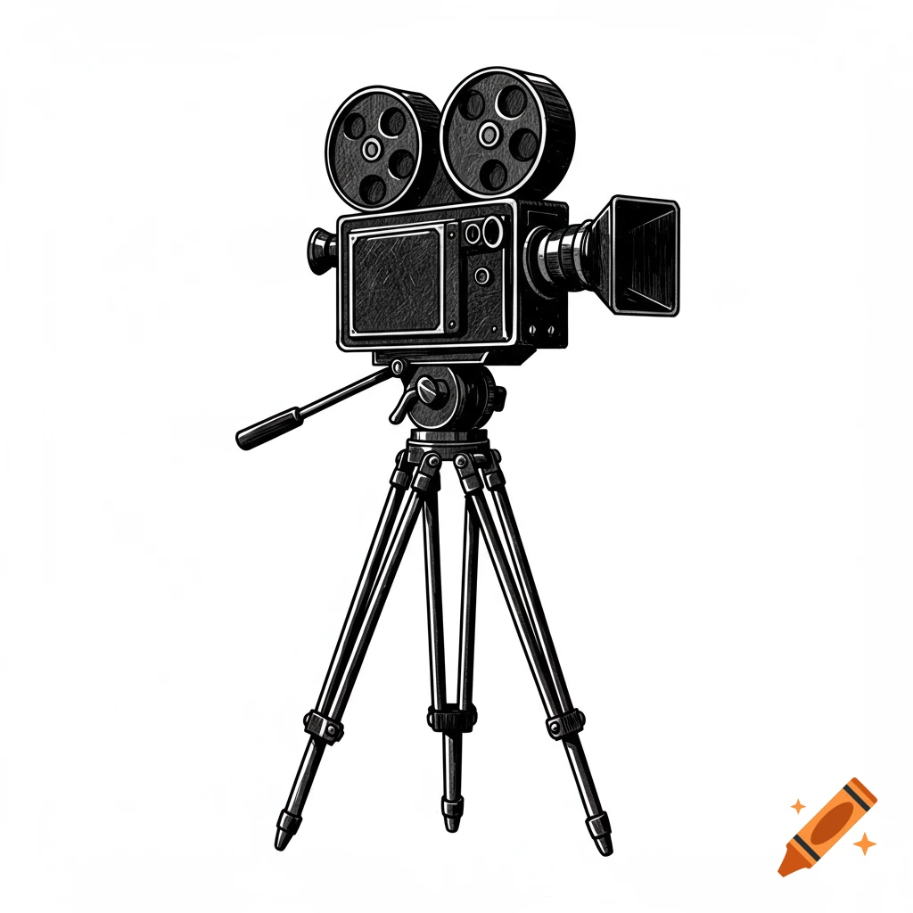 Black and white graphic of a vintage film camera on a tripod.