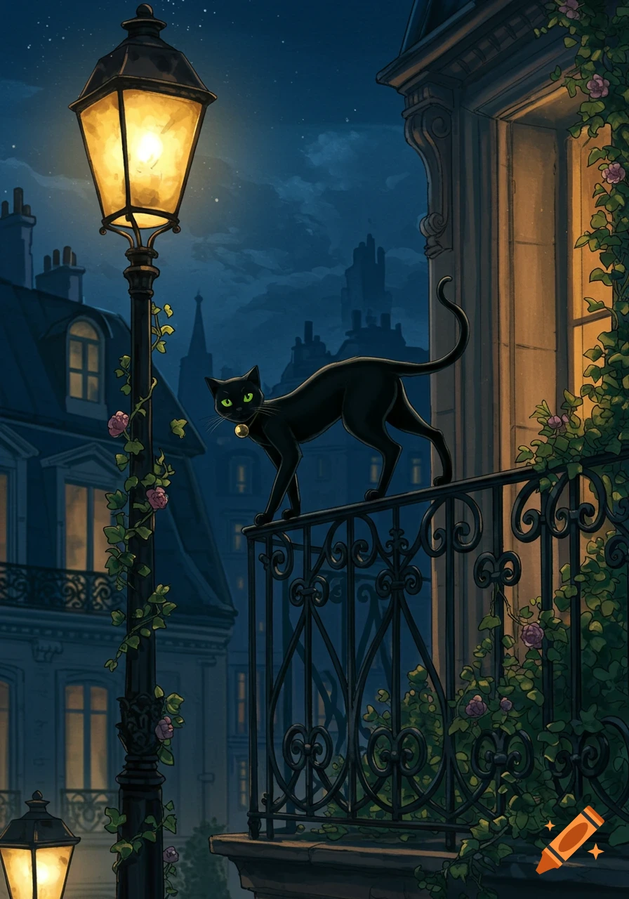 A black cat with green eyes stands on an ornate balcony railing at night, overlooking a Parisian-style city street with a glowing street lamp. Illustrated.