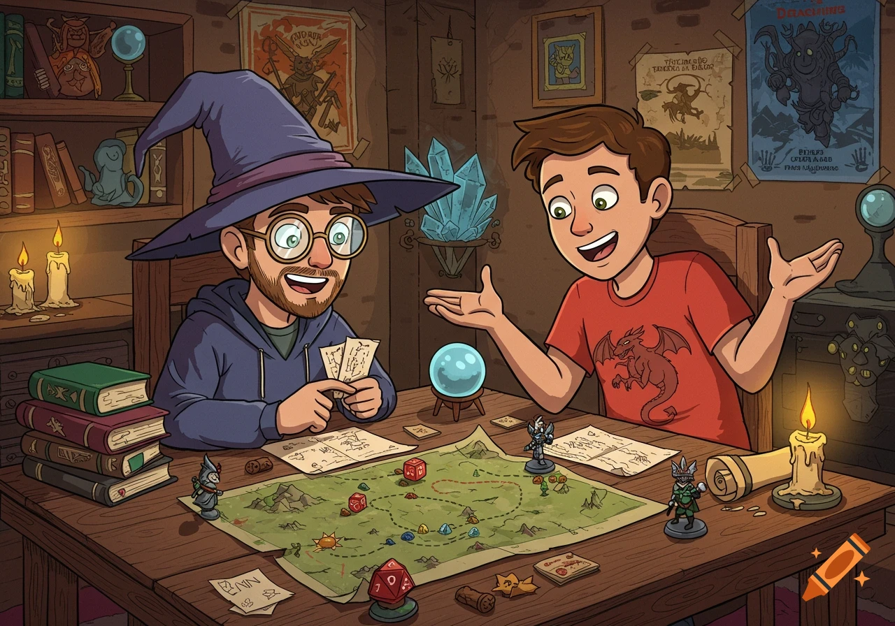 Two happy cartoon men playing a fantasy tabletop game with a map, dice, and miniatures in a cozy, magical room.