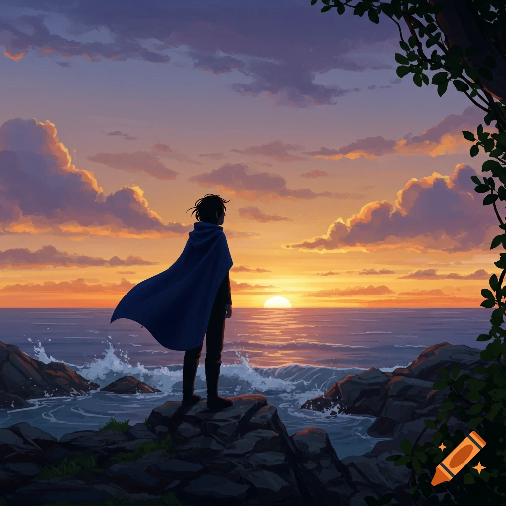 A person in a blue cloak stands on rocks by the ocean, watching a beautiful sunset with orange and purple clouds, in an anime style.