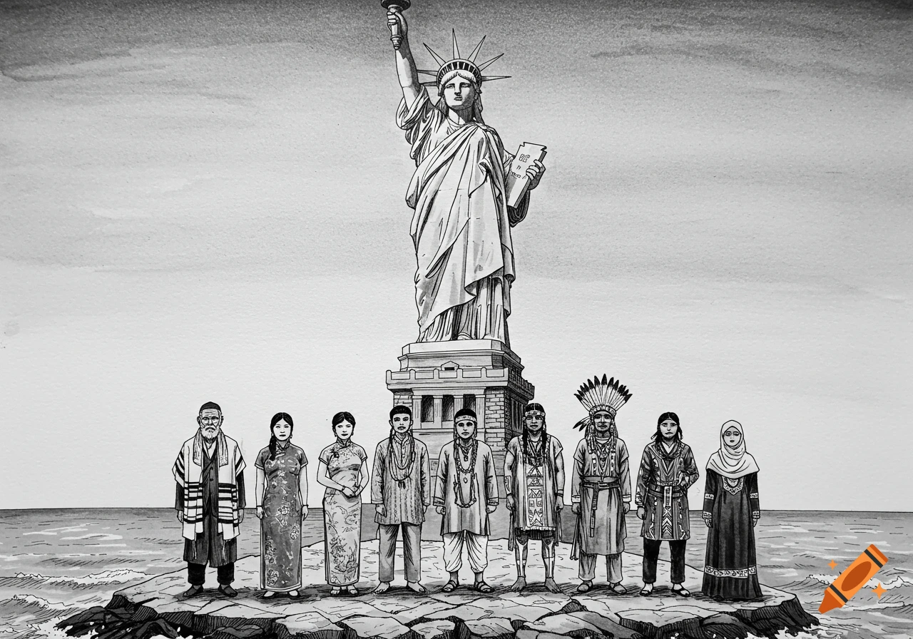 Black and white illustration of the Statue of Liberty with diverse people in traditional attire standing at its base by the sea.