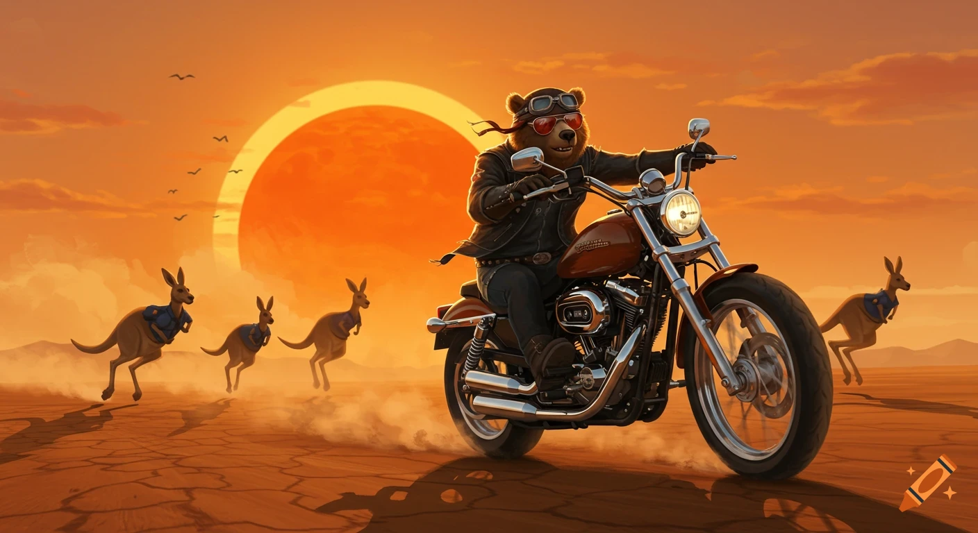 Cartoon bear on a Harley-Davidson motorcycle in a desert at sunset, chased by kangaroo police.