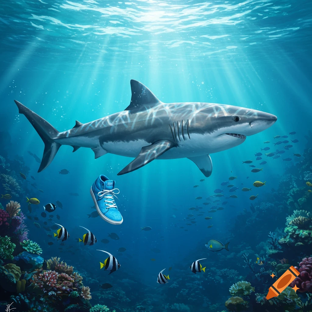 A great white shark swims past a floating blue sneaker in a vibrant, sunlit coral reef filled with colorful fish.