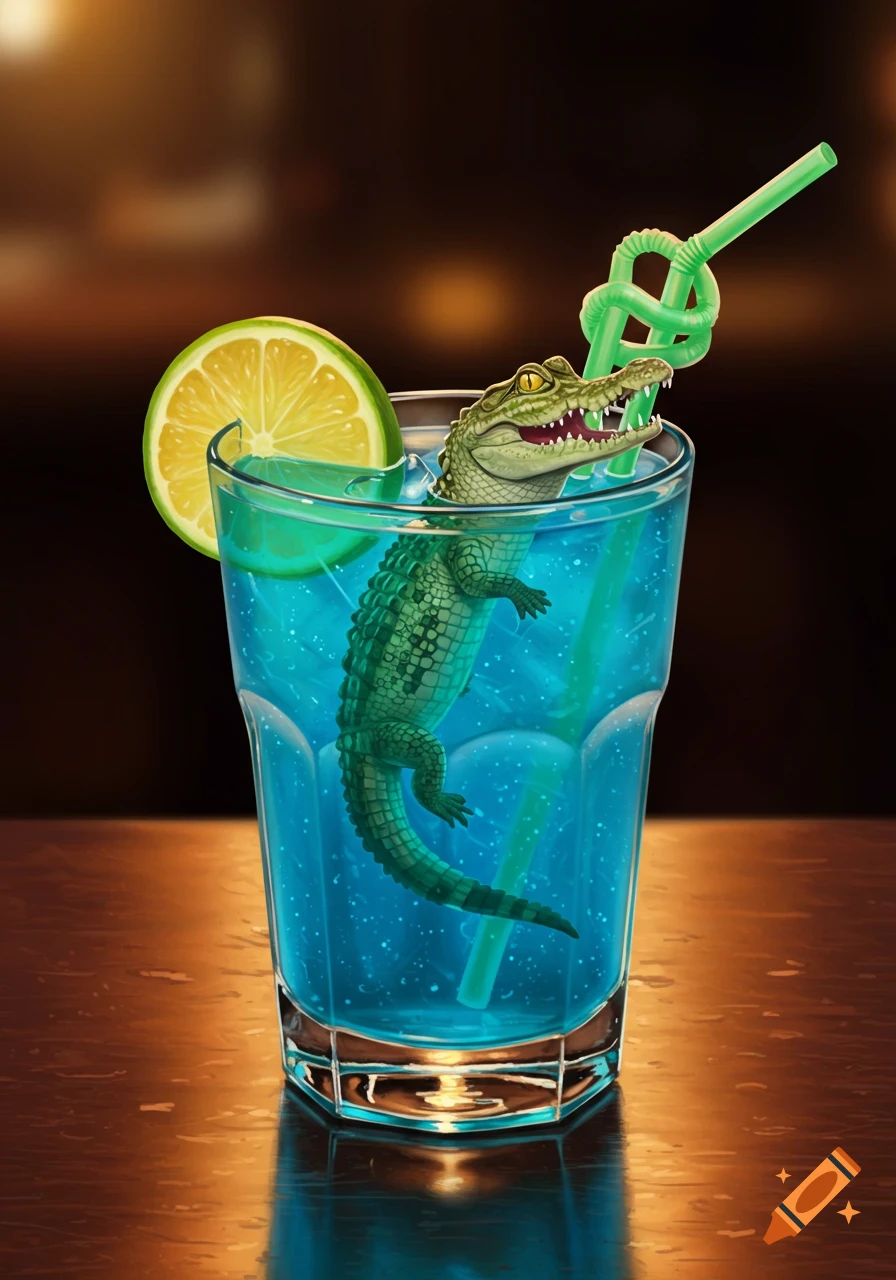 A stylized illustration of a small crocodile swimming in a vibrant blue cocktail with a lime slice and a green straw.