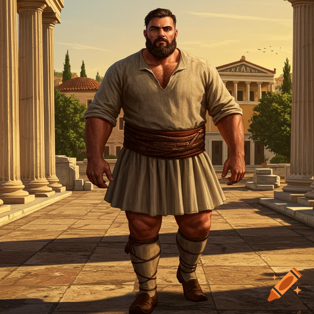 A muscular, bearded man in ancient Greek attire stands on a paved path surrounded by classical columns and buildings at sunset.