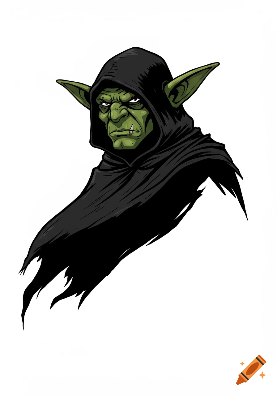 A drawing of a menacing green-skinned goblin vigilante in a black hooded cloak on a white background.