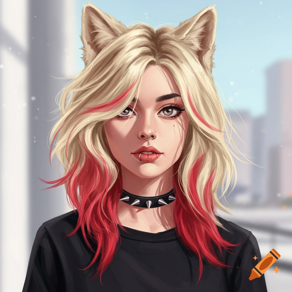 Digital art portrait of a young woman with blonde and red hair, wolf ears, facial piercings, and a spiked choker.