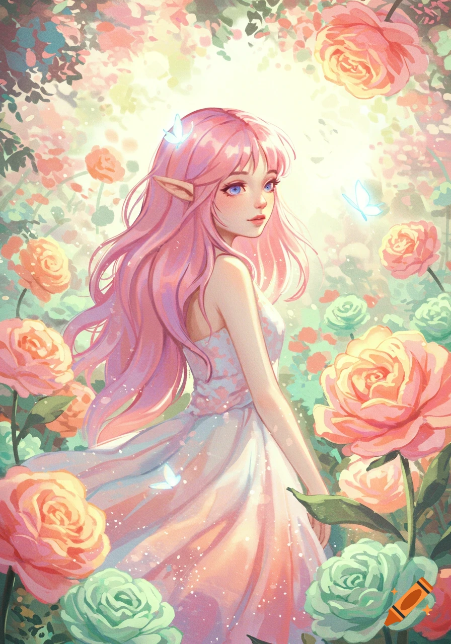 Pink-haired elf girl in a white dress stands in a vibrant pastel garden with roses and butterflies, anime style.
